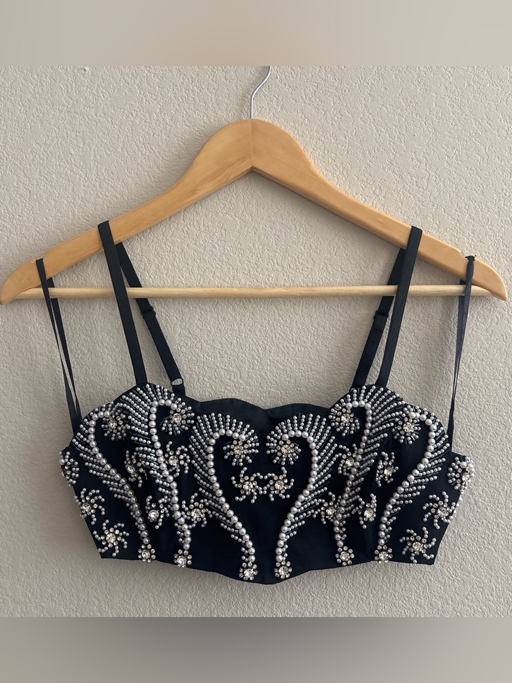 Express Rare black heavily beaded jeweled corset top w/ silver accents & pearls